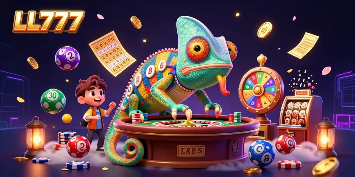 LL777’s vibrant casino scene showcases a chameleon casino owner in action, capturing excitement with colorful lottery elements.