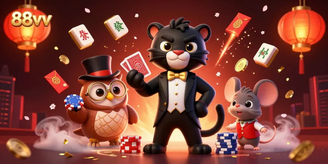88vv highlights an elegant panther and playful characters in a vibrant casino scene.