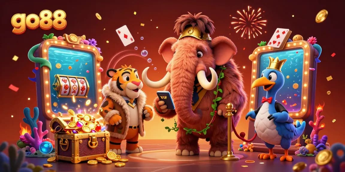 Join the excitement at go88 with a vibrant casino scene featuring unique animal characters and dynamic game elements.
