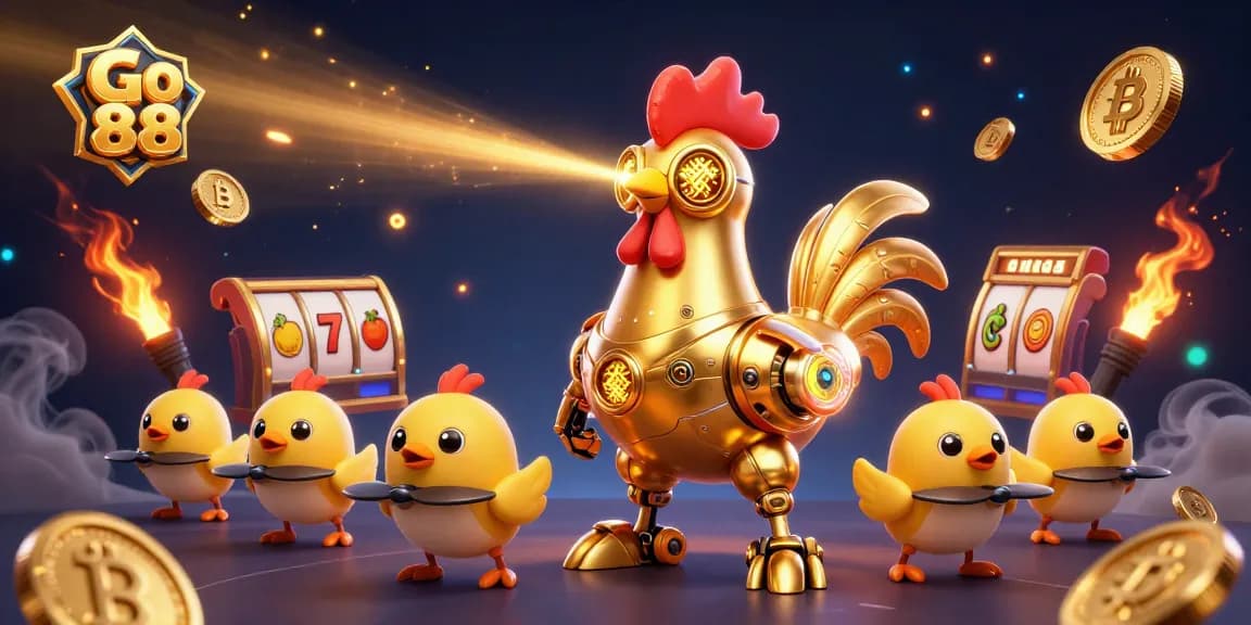 Experience dynamic gaming action with Go 88, showcasing a golden rooster robot in an engaging casino-themed setting.