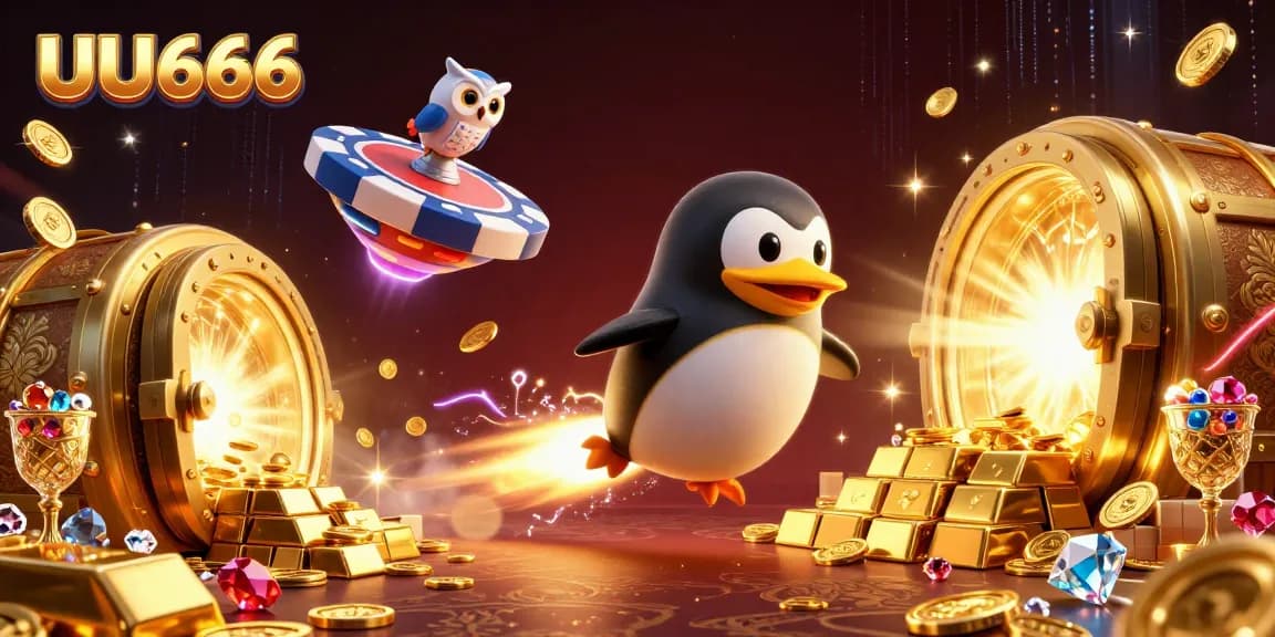 Experience the excitement of UU666 with a golden penguin racing through space towards a casino!