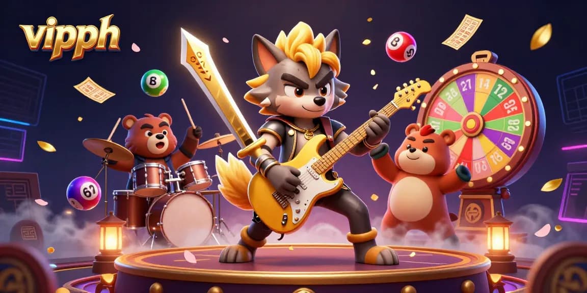 A lively 3D illustration showcasing vipph's engaging casino atmosphere with colorful lottery balls, a rock star wolf, and festive elements.