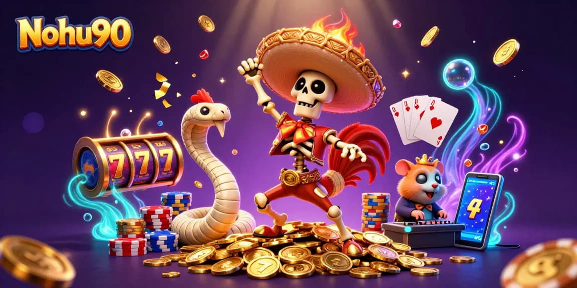 Nohu90 showcases vibrant 3D characters celebrating amidst gold coins and slot reels, exemplifying exciting casino gaming