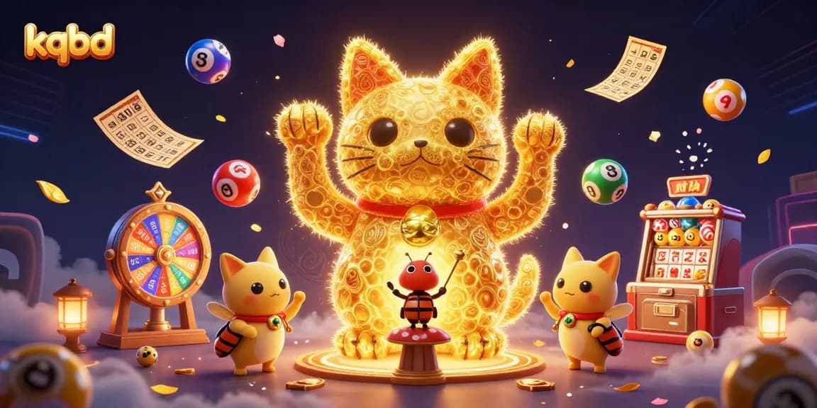 KQBD displays a golden lucky cat made of fireflies, amidst vibrant colorful lottery elements for an exciting betting journey.