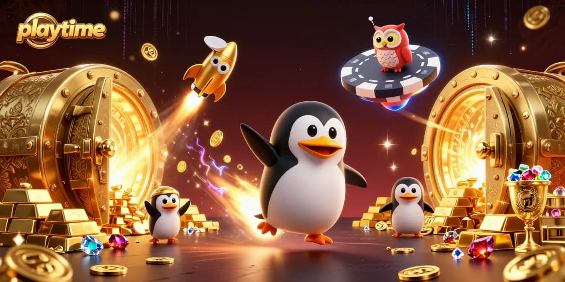 Experience playtime with a golden penguin rocket, vibrant treasures, and a casino backdrop.