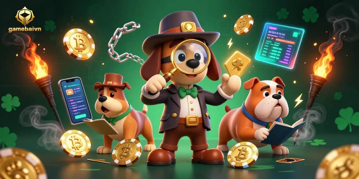 Engage in poker strategy with gamebaivn as a detective examines a golden chip clue and cryptocurrency elements.