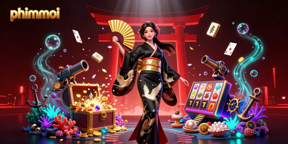 Experience thrilling phimmoi gaming visuals with a stunning 3D illustration of a stylish Asian woman amidst casino elements and vibrant colors.