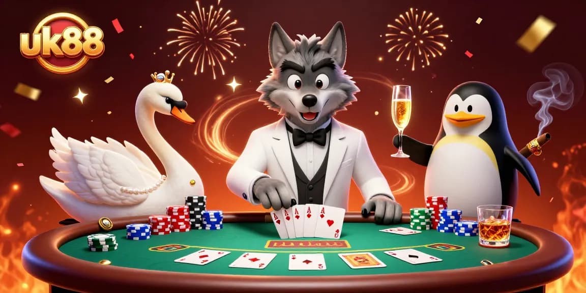 Experience excitement while playing at uk88 with a lively baccarat scene featuring cartoon characters.