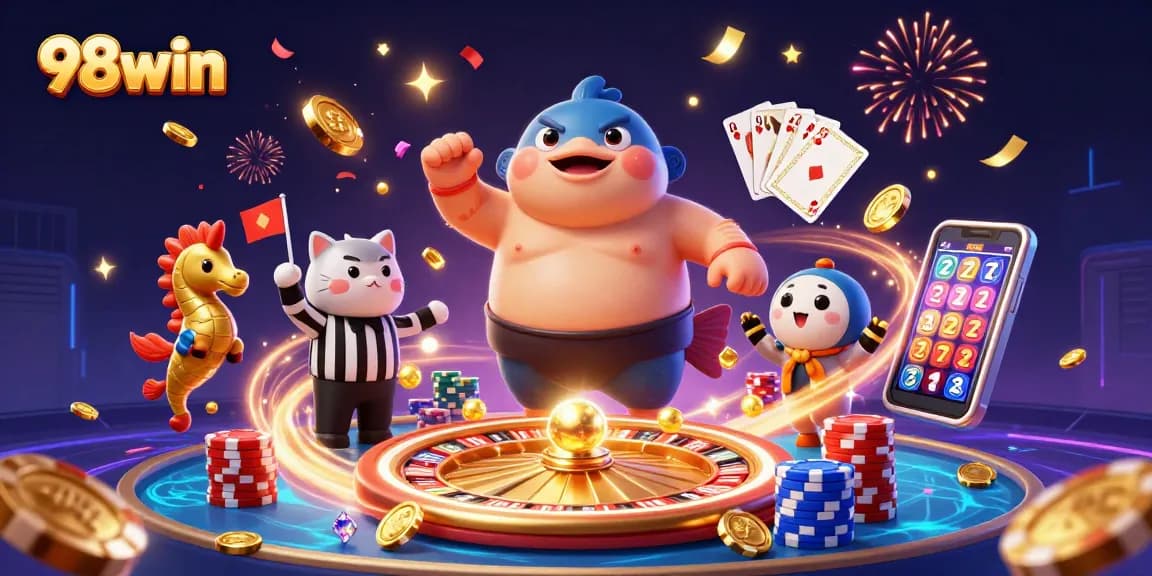 Experience thrilling moments at 98win with vibrant casino games surrounded by dynamic elements.