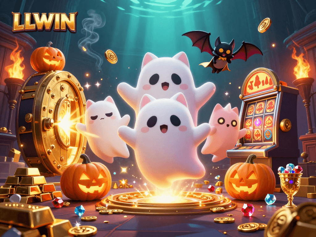 Join the LLWIN ghost cat and vampire bat as they explore a vibrant haunted casino.