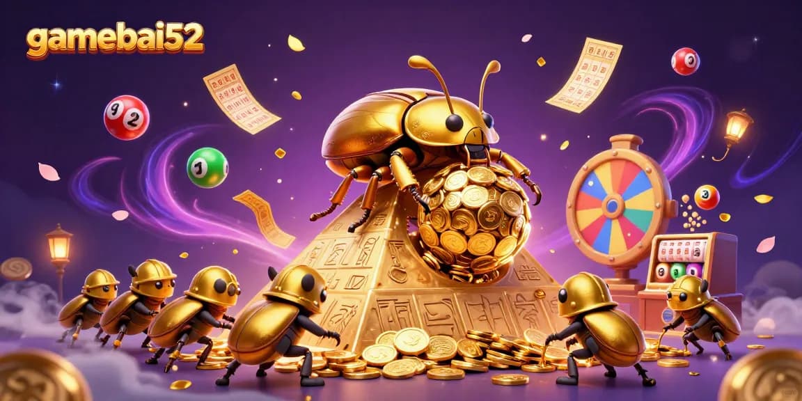 Experience thrilling gamebai52 action with golden bugs rolling coins and colorful lottery elements.