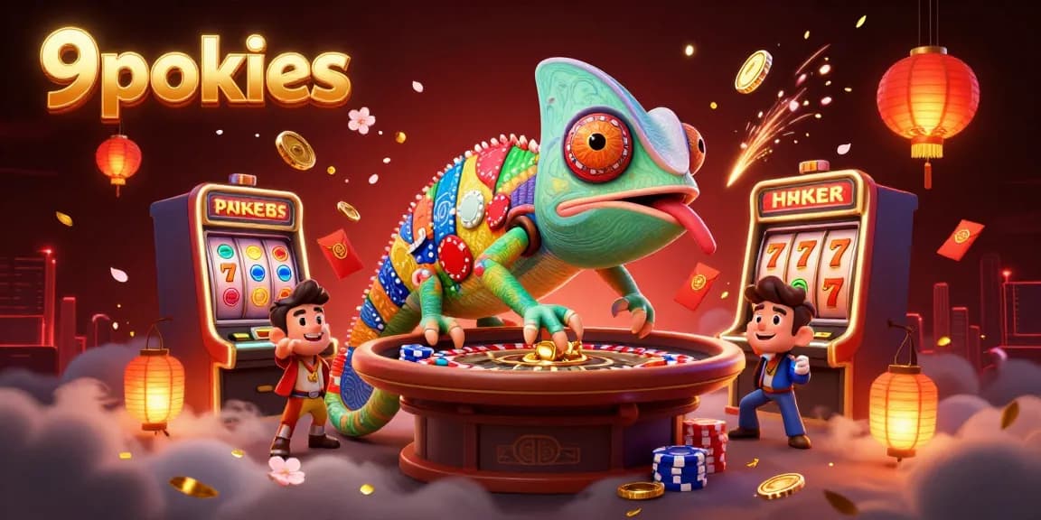 Engage in thrilling action at 9pokies with animated chameleon casino elements and vibrant casino visuals.