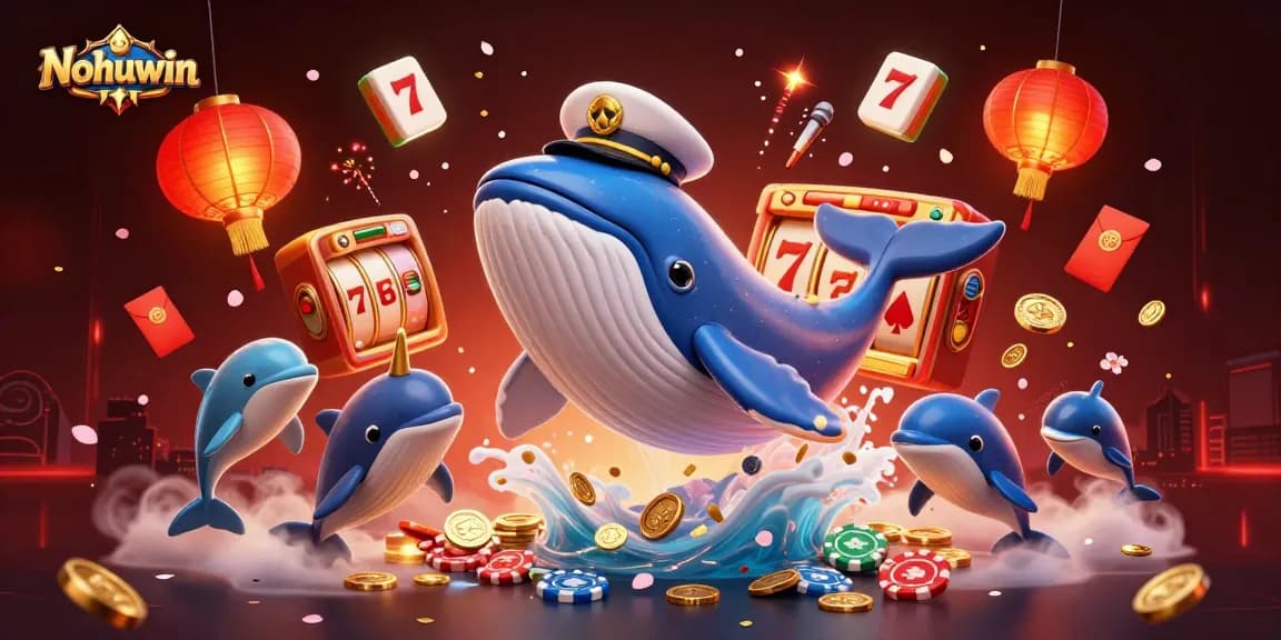 Nohuwin slots featuring a playful whale and friends surrounded by coins and lucky symbols.