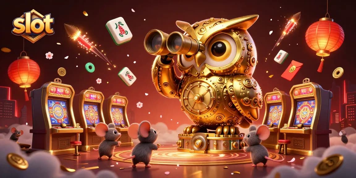 Experience thrilling slot action with a golden owl watching over vibrant casino patrons and dynamic game elements.