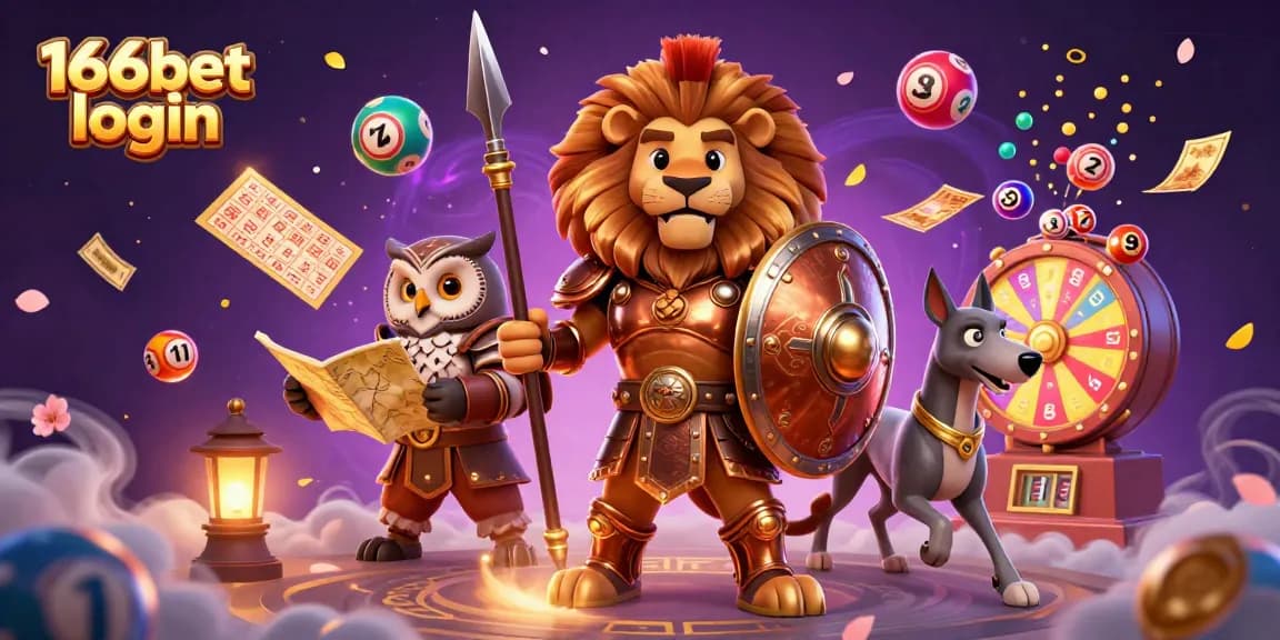 Experience 166bet login as the Spartan lion and friends celebrate with vibrant lottery and casino elements.