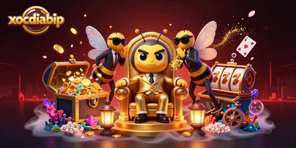 Xocdiabip casino illustration featuring a bumblebee mob boss with jewels and playing cards.