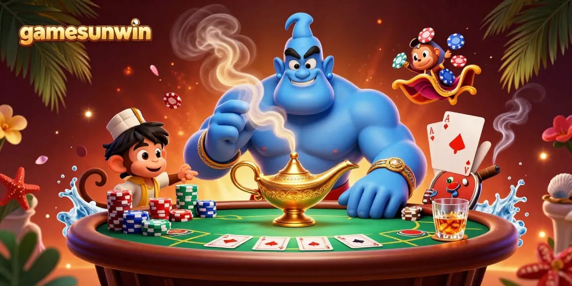 Bet big and win big at gamesunwin with a lively 3D genie illustration surrounded by poker chips.