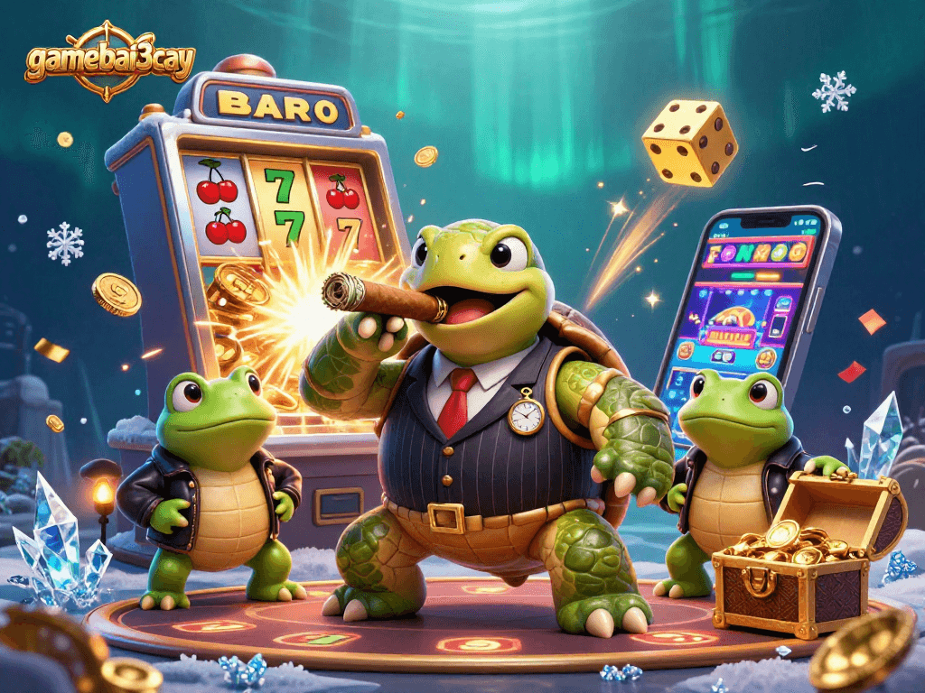 Join the thrilling world of gamebai3cay with a mobster turtle and dynamic casino elements.