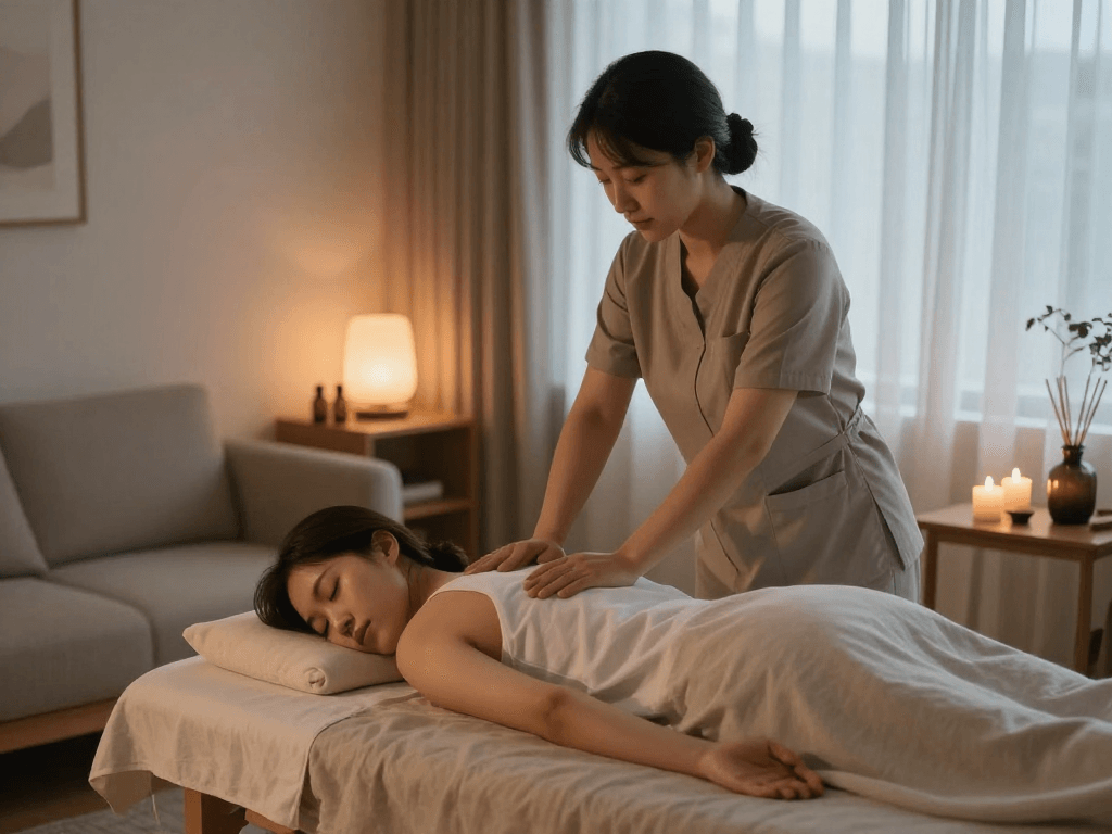 양천구출장마사지 service showcasing a peaceful home setting with a professional therapist and relaxed customer.