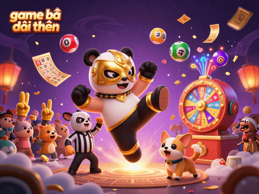 Engage in game bài đổi thưởng with dynamic lottery elements and a vibrant casino scene featuring a panda wrestler.