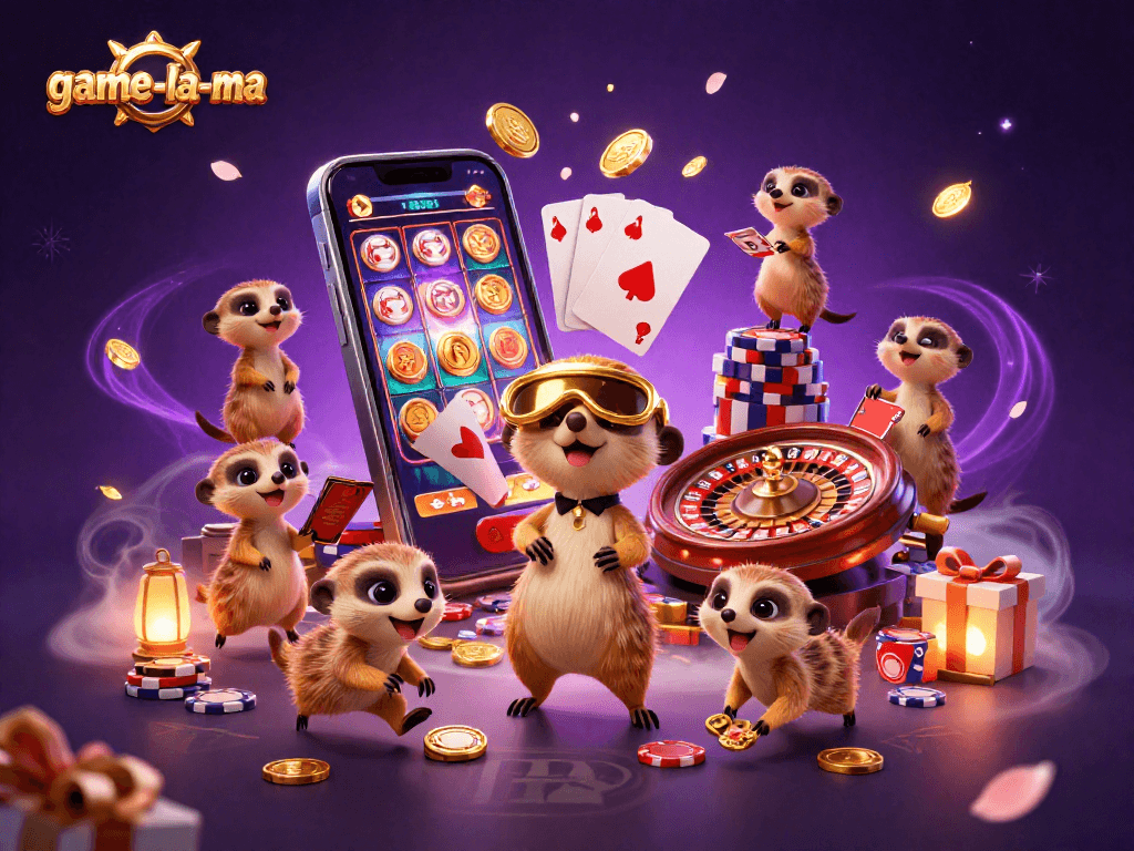 Engage in thrilling gameplay with game-la-ma's meerkats operating a vibrant casino.