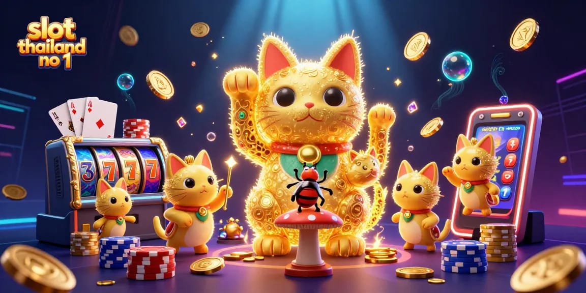 Experience winning at slot thailand no 1 with vibrant 3D casino symbols, lucky cat, and golden coins.
