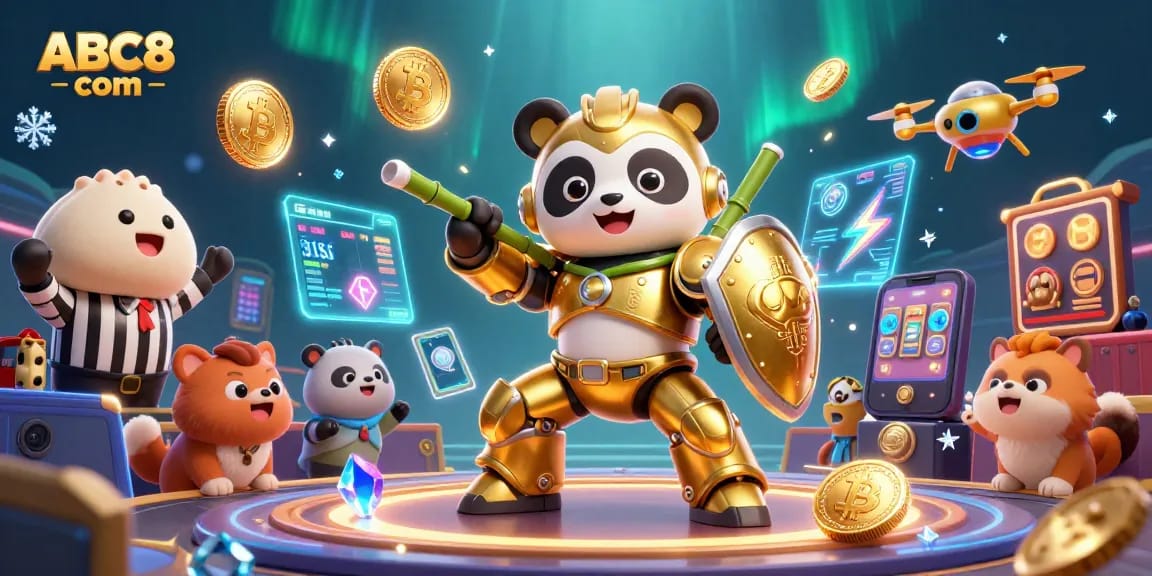 Engage with ABC8 com in a vibrant casino world featuring the golden panda piloting a robot.