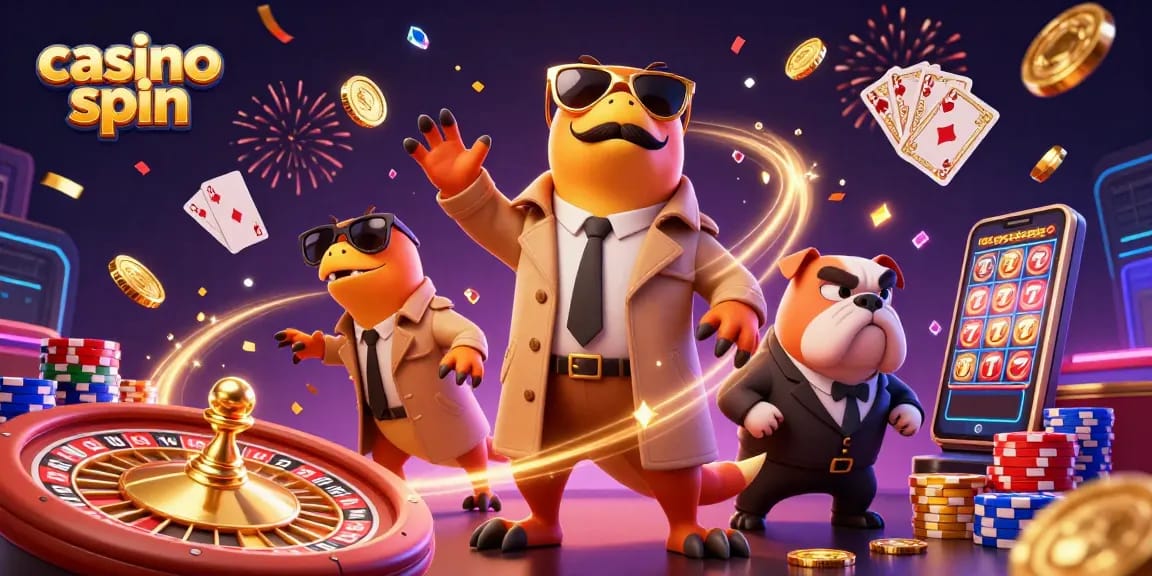 Experience casino spin excitement with cartoon raptors entering a VIP lounge amid sparkling gems.
