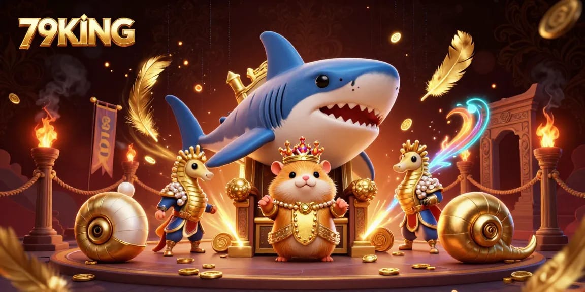 Experience thrilling gaming at 79KING with a captivating online casino scene featuring an imaginative hamster king.