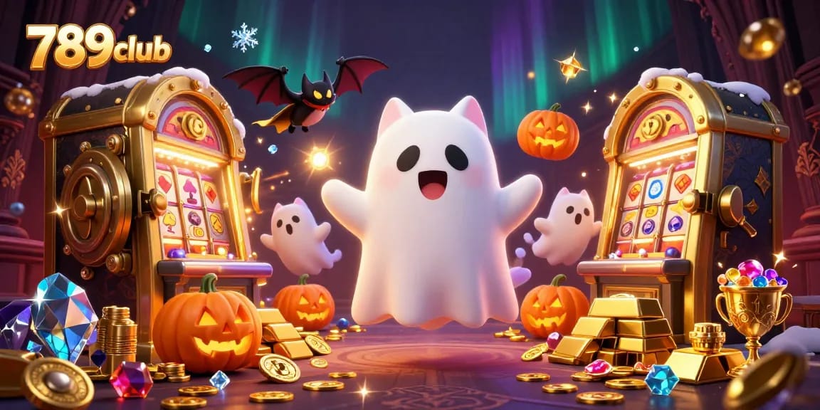 Immerse in 789club's vibrant casino experience with friendly ghost cat and treasures!