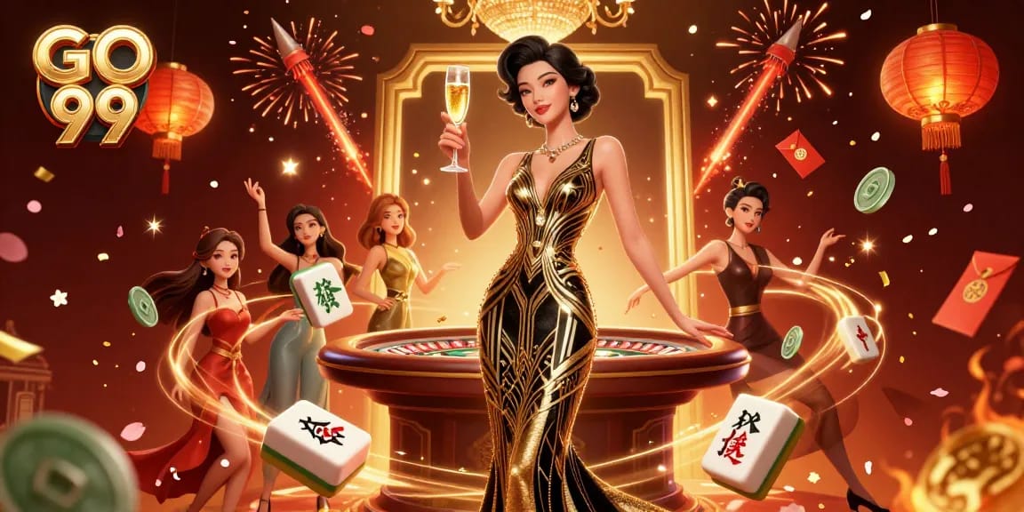 Join the festive spirit with GO 99, featuring elaborate casino gaming elements in a luxurious setting.