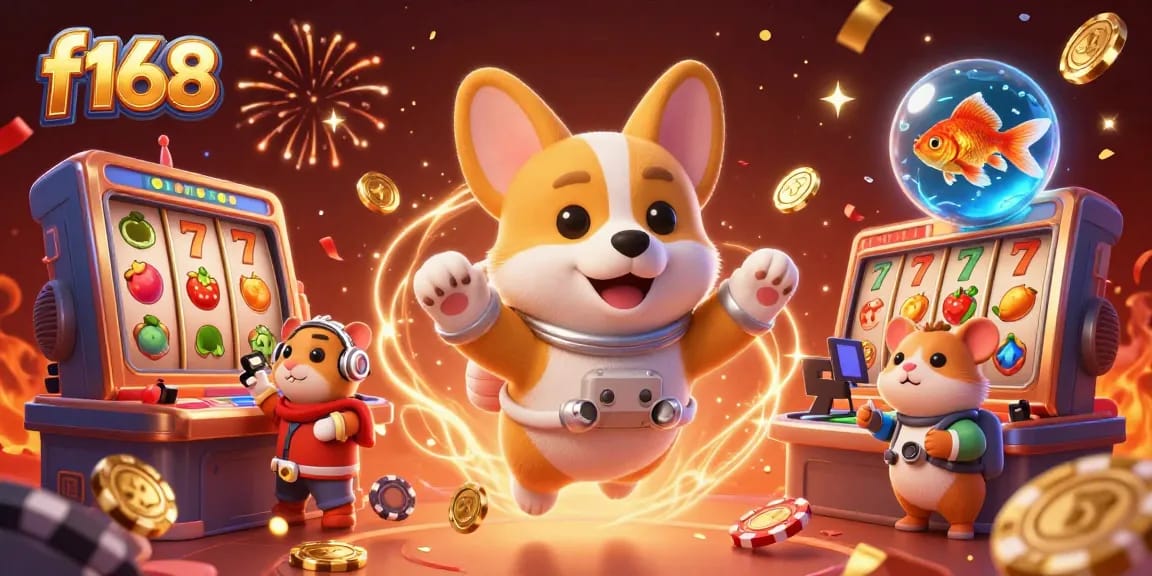 Join the action at f168 casino with floating jackpots, vibrant symbols, and happy characters!