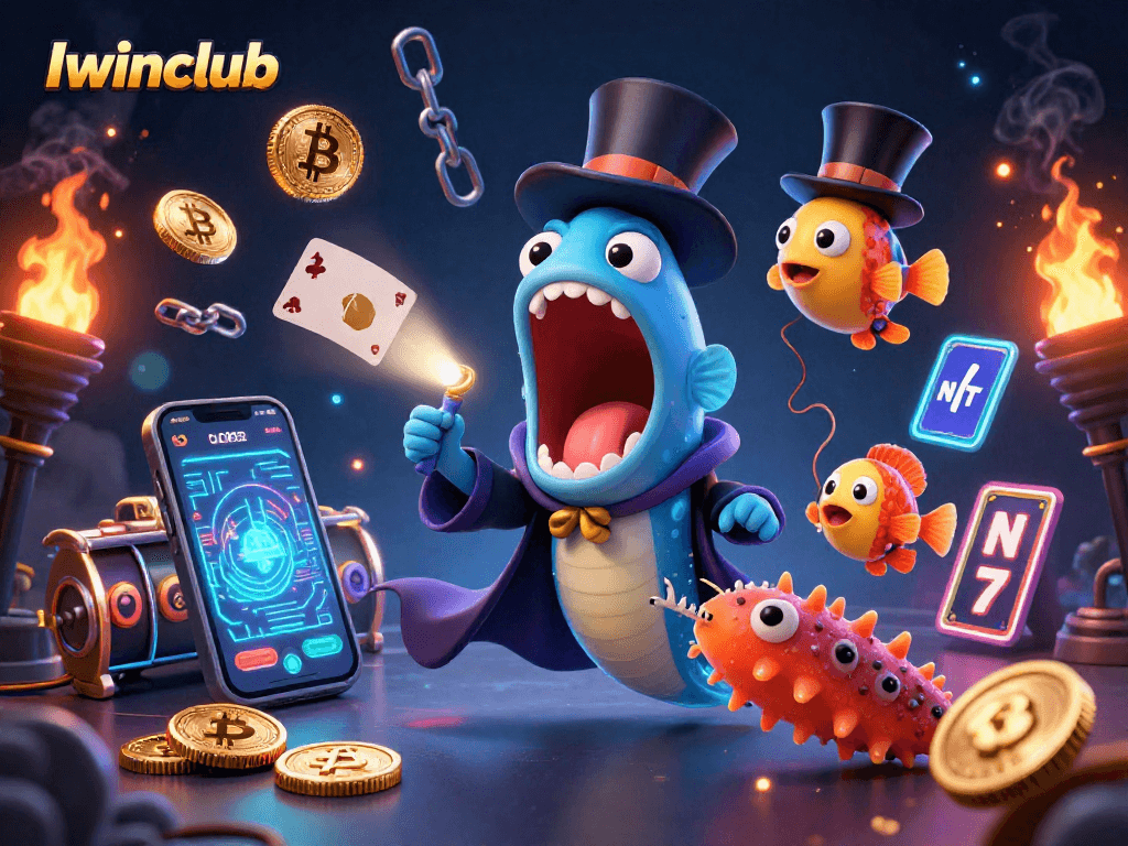 Iwinclub's 3D magical gambling scene with a deep-sea eel performing tricks surrounded by cryptocurrencies.
