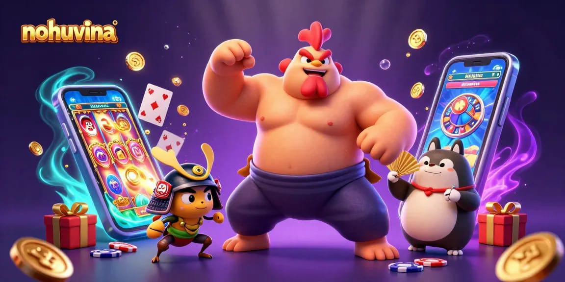 Experience thrilling nohuvina gameplay with a powerful sumo rooster and vibrant slot elements.