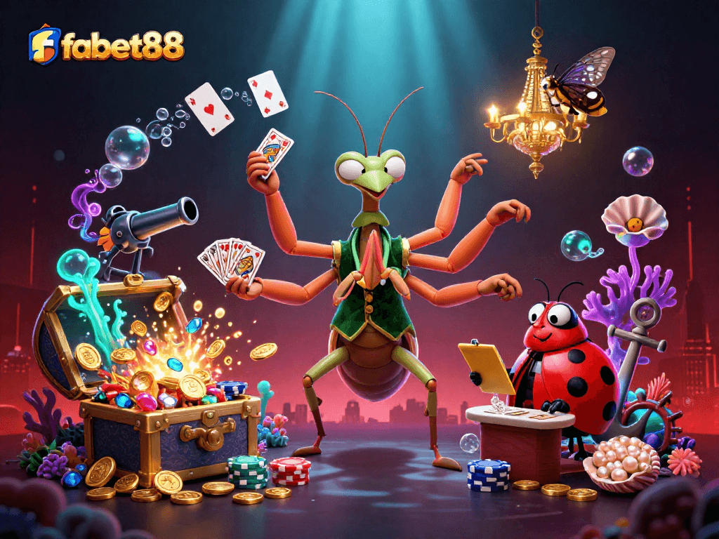Experience dynamic gambling action at fabet88 with cartoon characters in a vibrant casino scene.