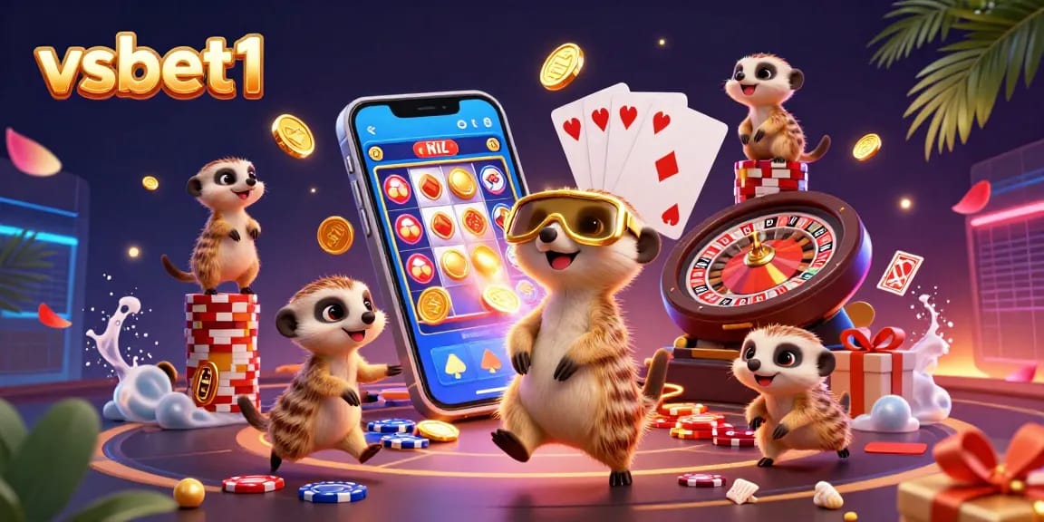 Experience the excitement of vsbet1's casino operations with charming meerkats stealing chips in a vibrant illustration.
