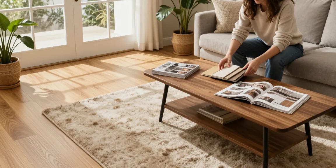Choosing easy to maintain flooring options in a cozy living room with laminate and engineered wood.