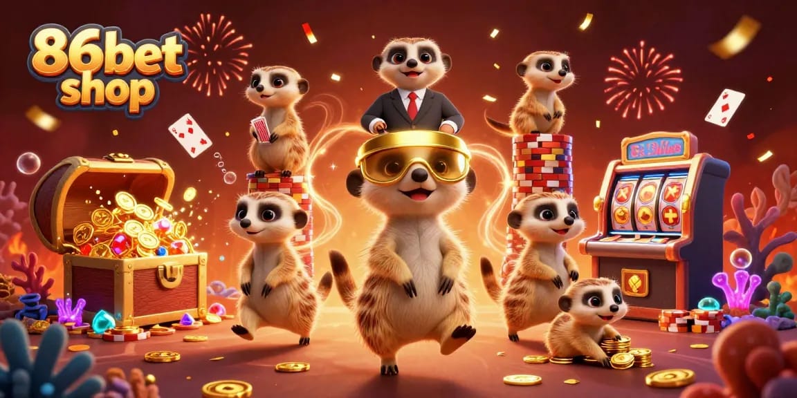 Experience thrilling gaming action at 86bet shop with meerkats managing an exciting casino.