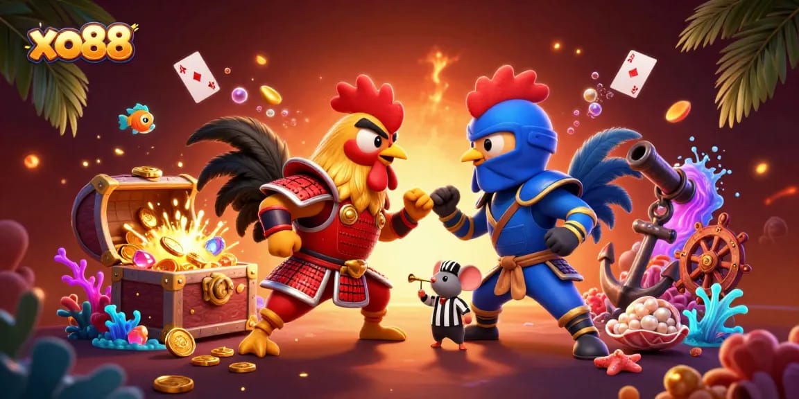 Roosters battle for glory in an energetic xo88 casino illustration bursting with action.