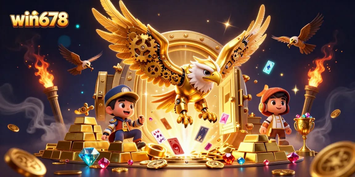 Experience thrilling gameplay with win678, featuring a golden eagle amidst a cascade of holographic cards.