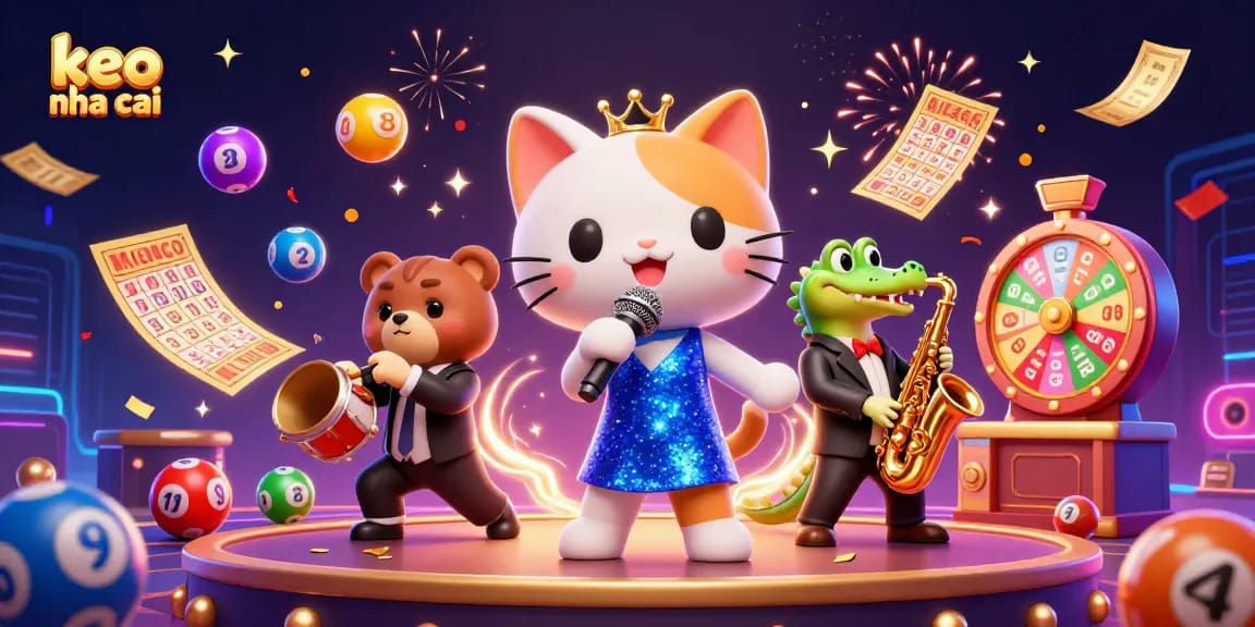 Engage with keo nha cai through vibrant lottery action, featuring lively characters and exciting casino elements.