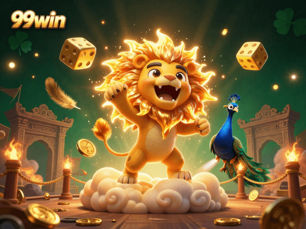 Experience thrilling gameplay with 99win, as golden dice and a roaring lion bring excitement to the casino.