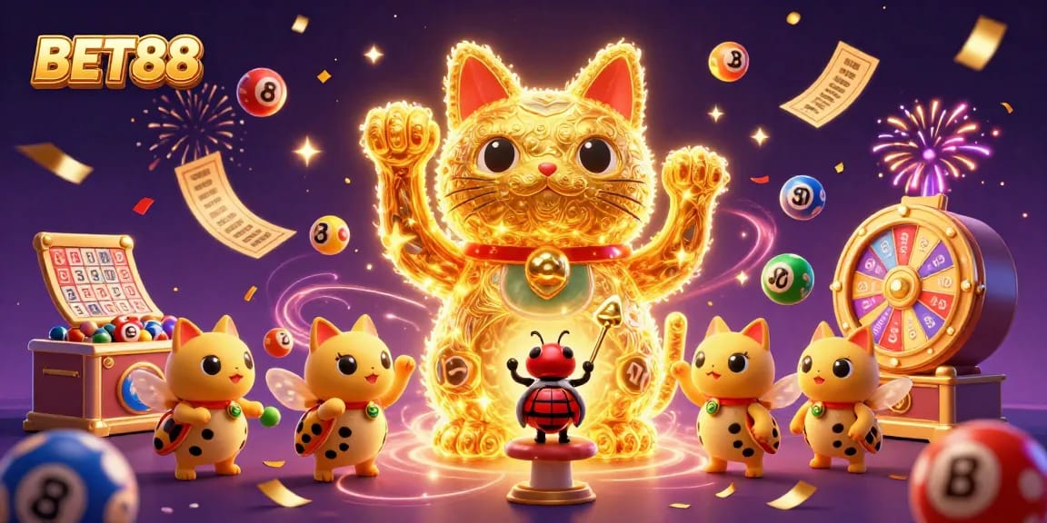Join the excitement with BET88's lively casino scene filled with vibrant gaming elements and golden symbols.