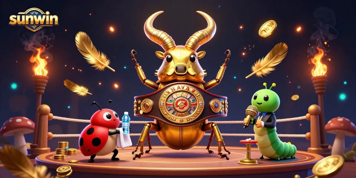 Experience sunwin's thrilling casino atmosphere with a giant beetle champion and energetic elements.