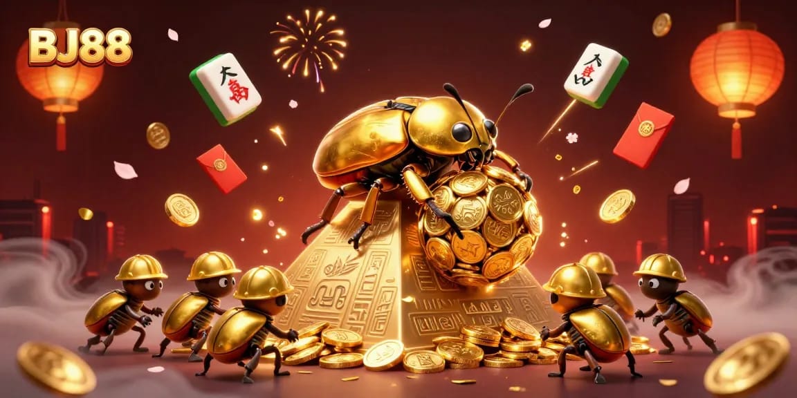 Experience BJ88's winning atmosphere with a golden beetle scene full of casino excitement.