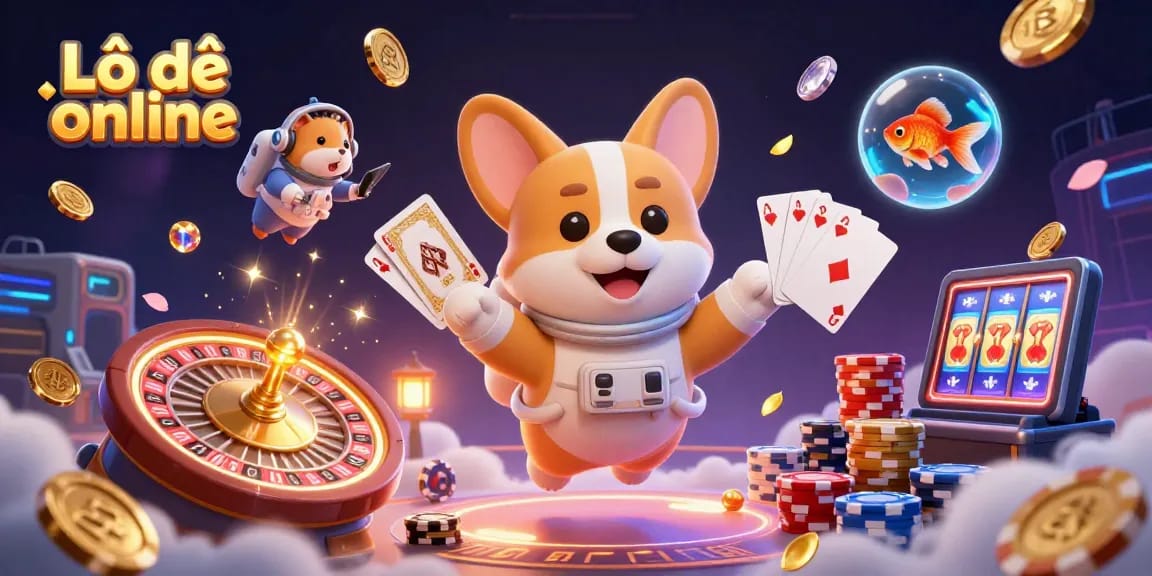 Experience thrilling Lô đề online action with a cartoon corgi and casino elements in a vibrant illustration.