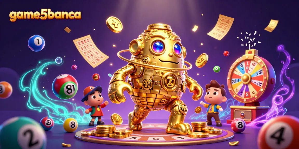 Experience an exciting game of chance with game5banca featuring a dynamic 3D golden golem surrounded by colorful lottery elements.