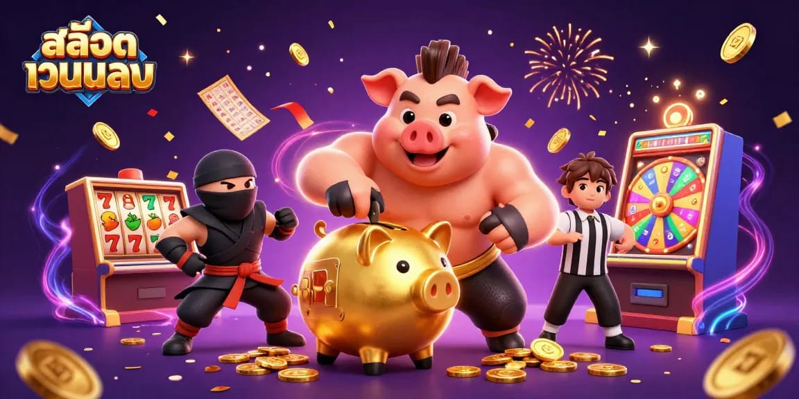 Experience thrilling สล็อตเว็บตรง action with a dynamic scene of a golden piggy bank sumo wrestler and samurai referee.