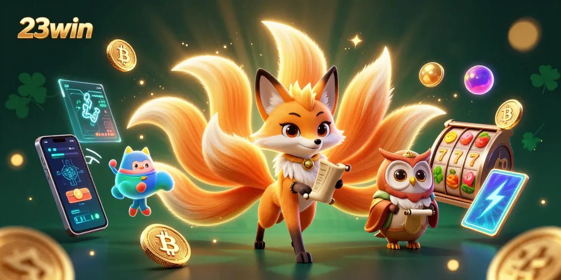 Join the game with 23win featuring a glowing nine-tailed fox, Bitcoin, and vibrant slot reels.