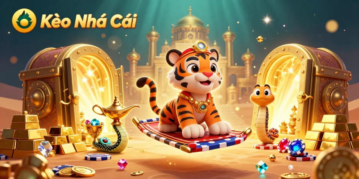 Kèo Nhà Cái showcases a vibrant casino scene with a tiger sultan and treasure, enhancing your sportsbook strategy.